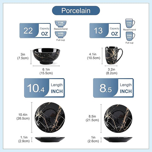 LOVECASA Black Plates and Bowls Sets for 4, Porcelain Dinnerware Sets 16 Piece Gold Splash Glaze Ceramic Dish Set, Round Dinner Set with Mugs, Dishwasher Microwave Safe