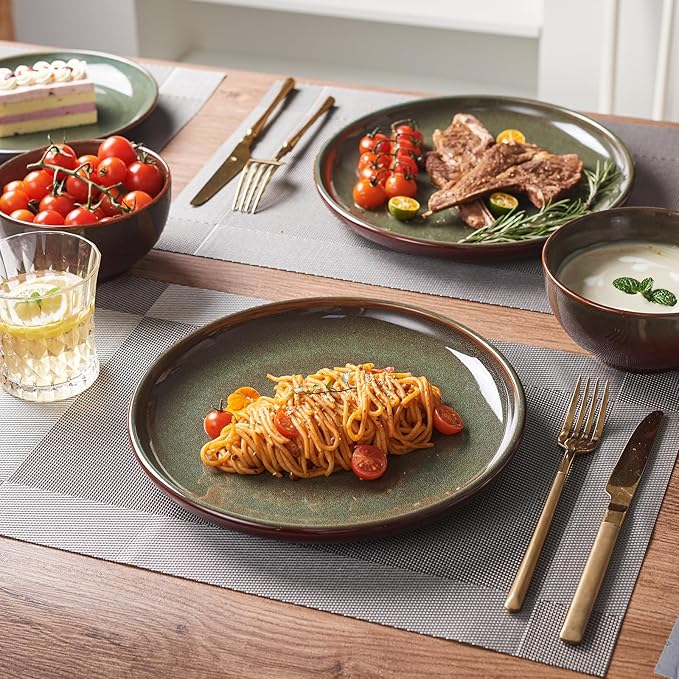 Pokini Stoneware Dinnerware Sets for 6, 18 Pieces Ceramic Plates and Bowls Sets, Chip and Scratch Resistant Dish Set, Dishwasher & Microwave Safe Plate Set, Brown Green