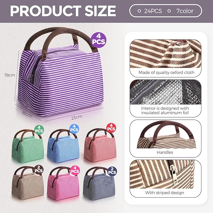 Chunful 24 Pcs Insulated Lunch Bag Bulk Reusable Thermal Lunch Box Waterproof Leakproof Tote Bag with Soft Liner for Women Men Office Work School Picnic Beach Fishing