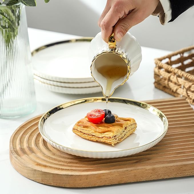 LETAOTAO Salad Plates Set of 4, 8in Ceramic Dinner Plates for Appetizer, Dessert, Porcelain Serving Plate with Gold Rim, Kitchen Porcelain Dish for Pasta, Pancakes, Steak