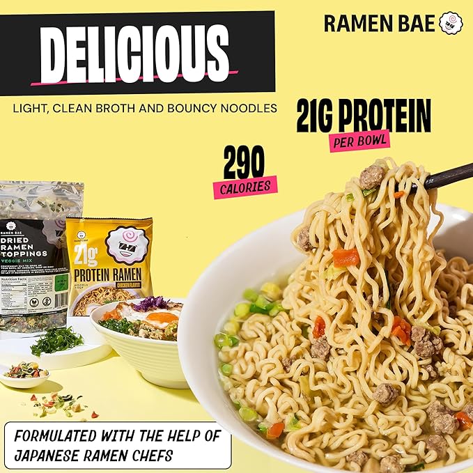 Ramen Bae High Protein Ramen Noodles - Chicken Flavor 21g Protein Soup - Air Dried Not Fried, Plant Based, Vegan Ramen Protein Noodles - Lower Carb, Sodium & Fat - Clean & Simple Broth (Pack of 6)