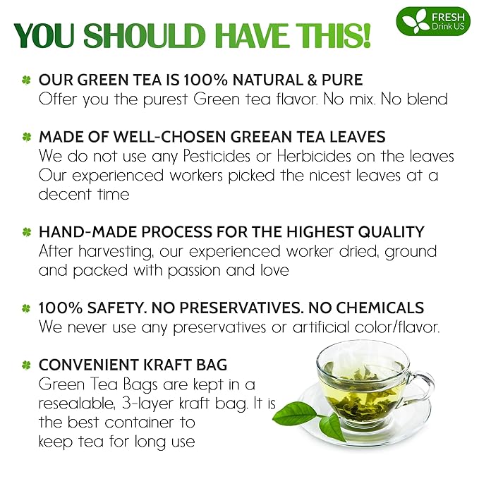 FreshDrinkUS, Premium 175 Green Tea Bags, 100% Natural & Pure from Green Tea Leaves. Loose Leaf Green Tea Herbal Tea. Made with Natural Material Tea Bags. No Sugar, No Caffeine, No Gluten, Vegan.