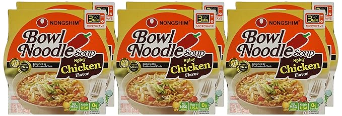 Nongshim Spicy Chicken Noodle Soup Bowl Soup Mix, 6 Pack, Korean-Style Ramen Noodle Instant Soup, Microwaveable