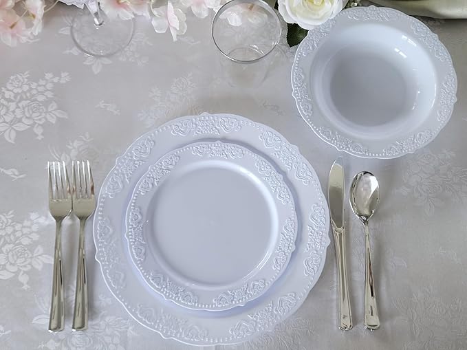 OCCASIONS 50 Piece Disposable Plastic Plates Set for 25 Guests – 10.25" Dinner & 7.5" Dessert Plates, Heavy Duty, Elegant Party Plates for Wedding, Party, Baby Shower, BPA-Free – Portofino Plain Blue