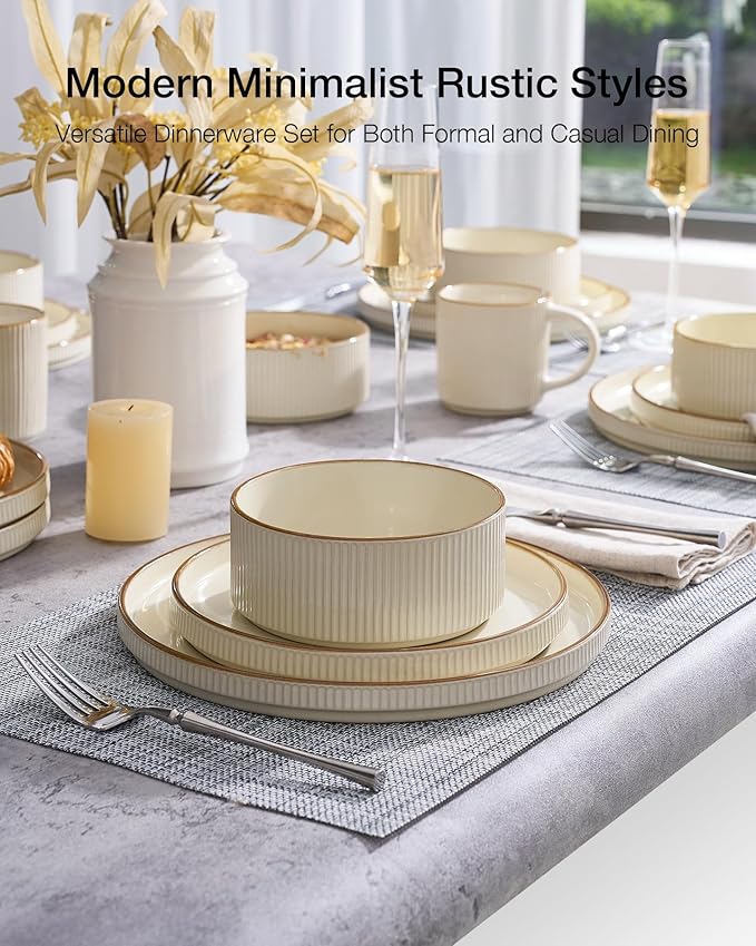 Famiware Star 16-Piece Stoneware Dinnerware Set with Trim, Service for 4 -Ceramic Mugs, Plates and Bowls, Modern Rustic Dishes with High Edge, Chip/Scratch Resistant, Microwave/Dishwasher Safe, Cream