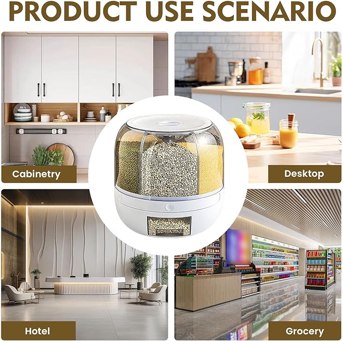 Grain Storage Container Dispenser, 6 Grids Rice Dispenser Rotating, 360° Rotating Food Dispenser One-Click Output Rice Storage Round Grain Dispenser Kitchen for Small Grains, Beans, Rice