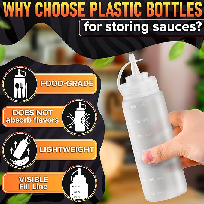 10-Pack Plastic Condiment Squeeze Bottles 12 oz – Refillable Squirt Bottles with Narrow Tip, Leak-Resistant | Great for Oil, Sauces, Ketchup, Mayonnaise, Syrup, Dressing, Summer BBQ and Catering Use