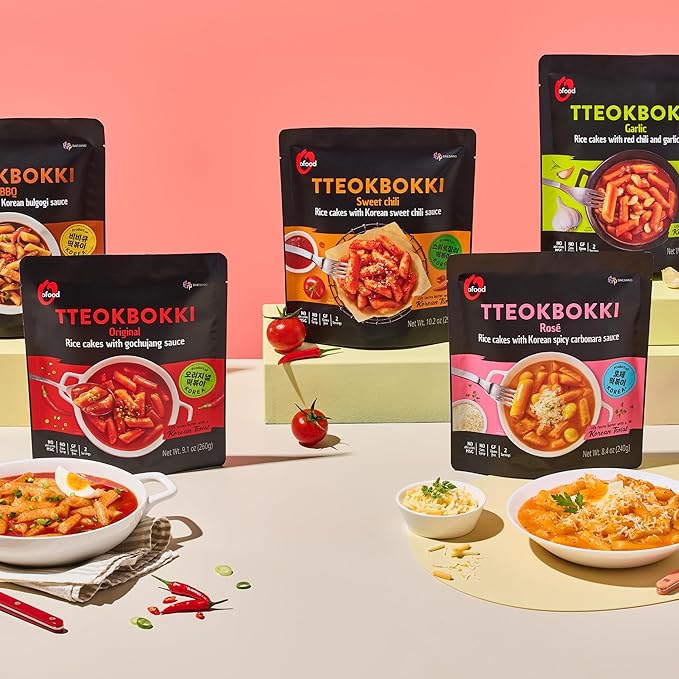 O’food Tteokbokki Variety Pack, Pack of 5, Instant Korean Rice Cakes, Authentic Spicy Street Food, Ready to Eat, No MSG, No Corn Syrup