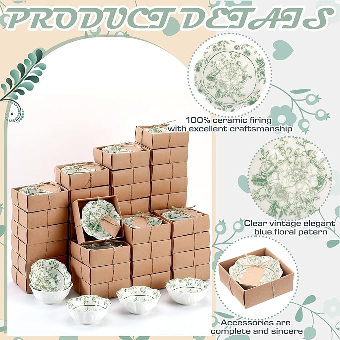 SiliFine 96 Pcs Wedding Favors for Guests Small Ceramic Bowl Bulk Gifts Set 3.3 Inch Floral Design Mini Dipping Sauce Dish with Card Box for Bridal Pooja Baby Shower Birthday (Flower,Sage Green)