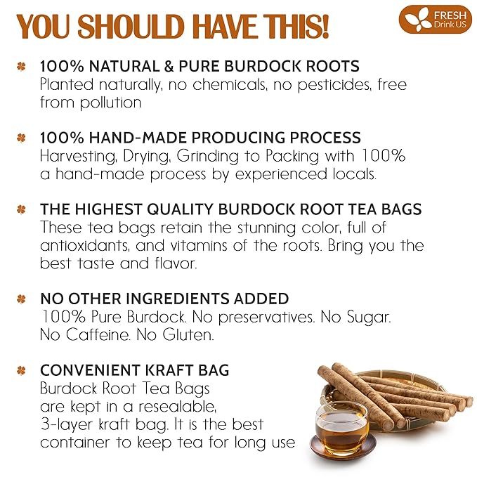 FreshDrinkUS, Premium 135 Burdock Root Tea Bags, 100% Natural & Pure. Made with Natural Material Tea Bags. No Sugar, No Caffeine, No Gluten, Vegan.