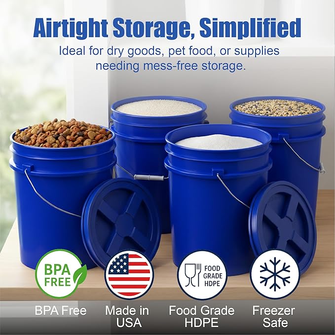 ePackageSupply 5 Gallon Bucket - Food Grade Bucket with Airtight Gamma Seal Screw-On Lid, BPA-Free, Heavy-Duty 90 Mil HDPE Plastic, Bulk Storage, Durable Container, Made in USA, Blue/Blue, 1 Pack
