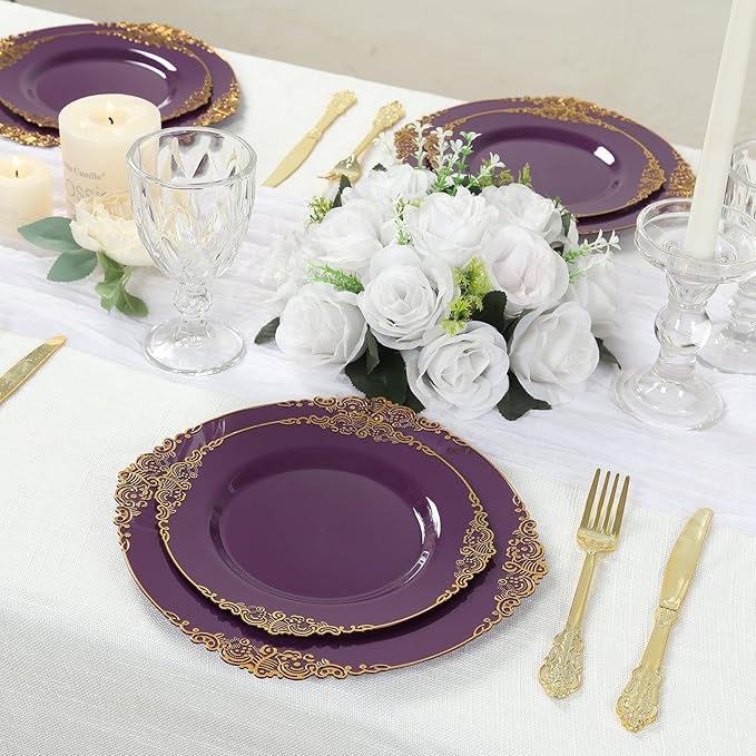 Efavormart 10 Pack | 10" Purple and Gold Baroque Dinner Plates, Leaf Embossed Metallic Rim Heavy Duty Serving Plates for Vibrant Royal Celebrations