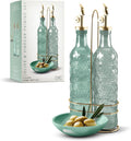 COOK WITH COLOR Glass Olive Oil Bottle Dispenser - 2 Pack- 17oz Oil and Vinegar Cruet - Olive Oil Carafe Decanter for Kitchen, Floral, Green