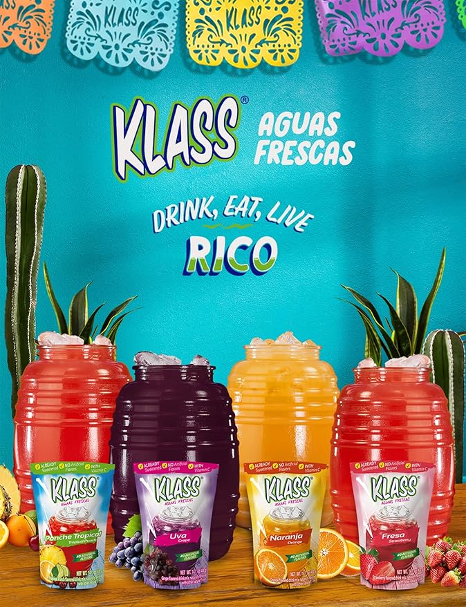 Klass Aguas Frescas Drink Mix Tropical Variety Pack - Strawberry, Grape, Tropical Punch & Orange - Powder Drink Mix, Water Drink Mix with Natural Flavors & Vitamin C, Makes 28 to 36 Quarts (56 to 72 Drinks)