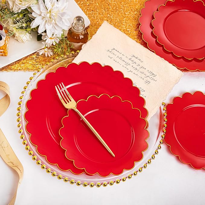 LIYH 60 Pcs Red Plastic Plates Disposable with Gold Edge Scalloped Red Gold Disposable Plates Includes 30 Dessert & 30 Dinner Plate Dishes Tableware for Party Memorial Day,Independence Day