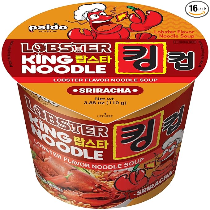 Paldo Fun & Yum Sriracha Lobster Instant King Cup Noodles with Soup, Sriracha Lobster Seafood Flavor Based Broth, Best Oriental Style, Original Korean Ramyun, 110g 3.88oz (Pack of 16)
