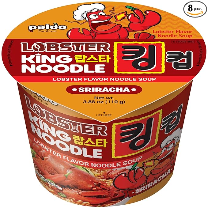 Paldo Fun & Yum Sriracha Lobster Instant King Cup Noodles with Soup, Sriracha Lobster Seafood Flavor Based Broth, Best Oriental Style, Original Korean Ramyun, 팔도 스리라차 랍스타맛 킹 컵 110g (3.88 oz) x 8 Pack