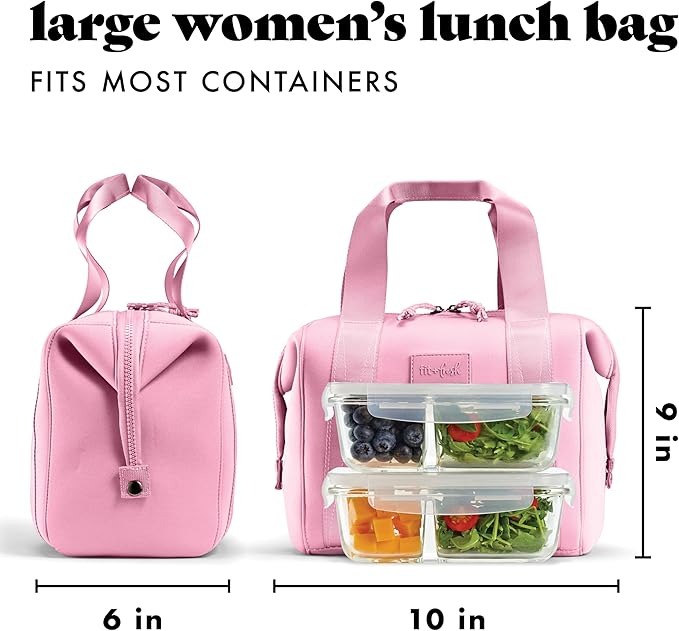 Fit & Fresh Remi Lunch Bag for Women Work – Neoprene Lunch Tote with Containers & Ice Pack, Reusable Meal Prep Lunch Box, Large Capacity, Machine Washable, Pink