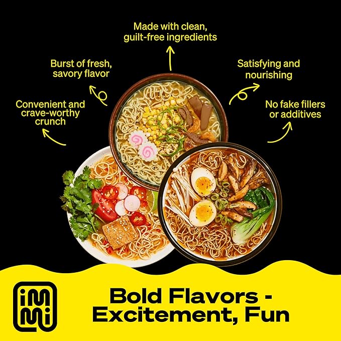 immi Variety Pack Ramen – Spicy “Beef,” Black Garlic “Chicken” & Tom Yum “Shrimp” – Vegan, High Protein Ramen Noodles – Low Carb, Zero Sugar – Healthy Keto-Friendly Ramen Bowls, 6-Pack