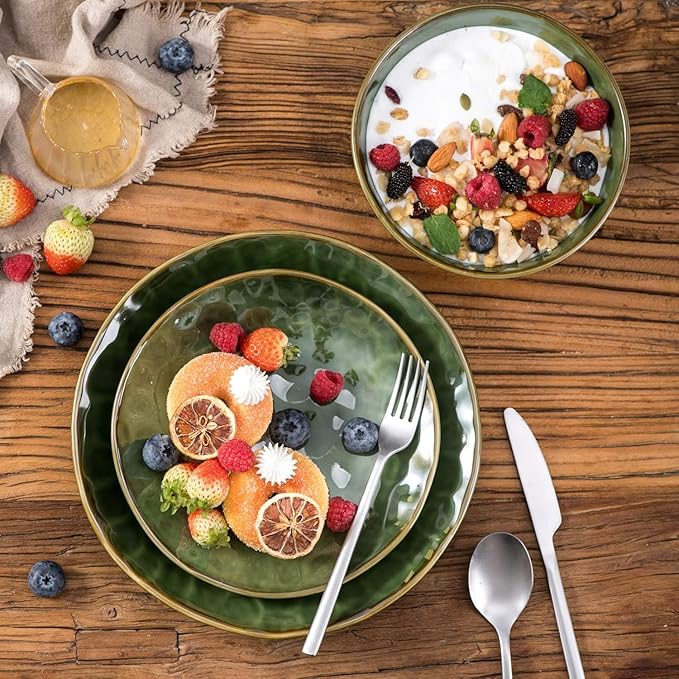 vicrays Ceramic Dessert Salad Plates, 8 Inch, Set of 4, Round, Microwave, Oven, and Dishwasher Safe, Scratch Resistant, Porcelain Fluted Suitable for Snacks, Appetizer, Home, Restaurant (Green)