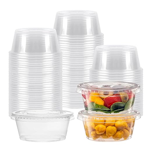 TashiBox 100 Sets 3.25 oz Plastic Disposable Portion Cups with Lids, Souffle Cups, Jello Cups, Snack Cups