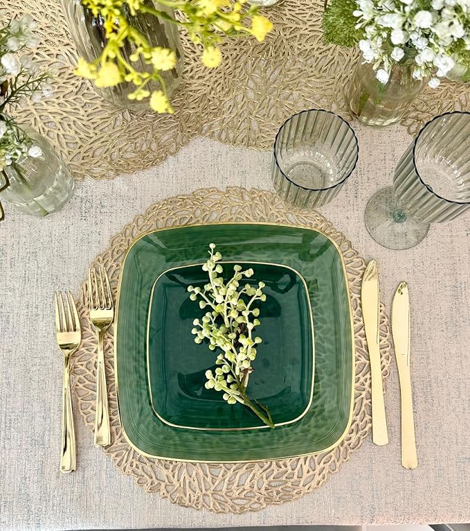 OCCASIONS 50 Green Disposable Plates (25 Guests) - Heavy Duty Square Plastic Dinnerware Set for Wedding Party, 25x10" Dinner + 25x7" Salad Dessert - Belize Square in Green & Gold