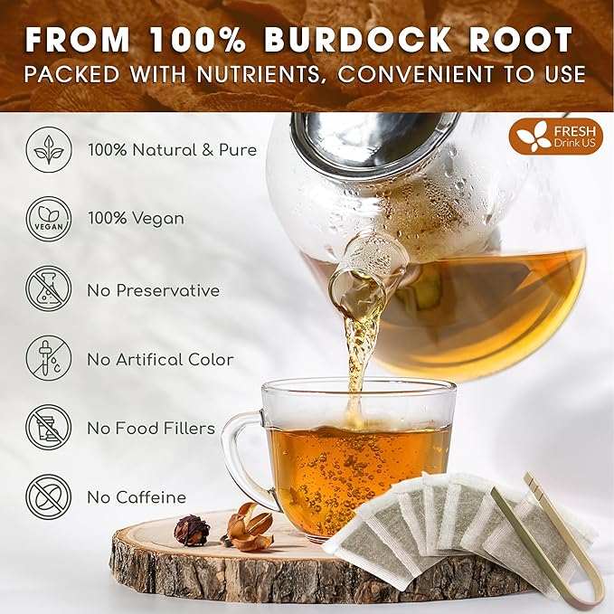 FreshDrinkUS, Premium 75 Burdock Root Tea Bags, 100% Natural & Pure, Herbal Tea. Made with Natural Material Tea Bags. No Sugar, No Caffeine, No Gluten, Vegan.