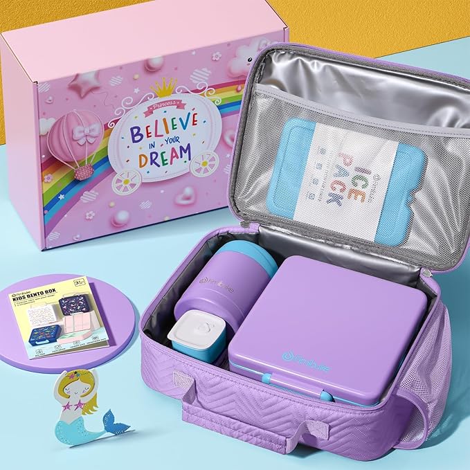 Fimibuke Kids Bento Snack Lunch Box with 4 Compartment, Insulated Lunch Bag, Stainless Steel Vacuum Thermo Food Jar, Ice Pack, Utensils Set, Birthday Gifts for Age 3-12 Back to School Toddler Girl Boy