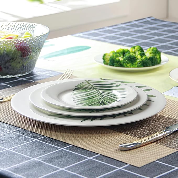 IQCWOOD Fine Bone China 8" Salad Plate with Leaf Pattern, 6-Piece Dessert Appetizer Flat Plates, Modern Round Plate, Microwave & Dishwasher Safe