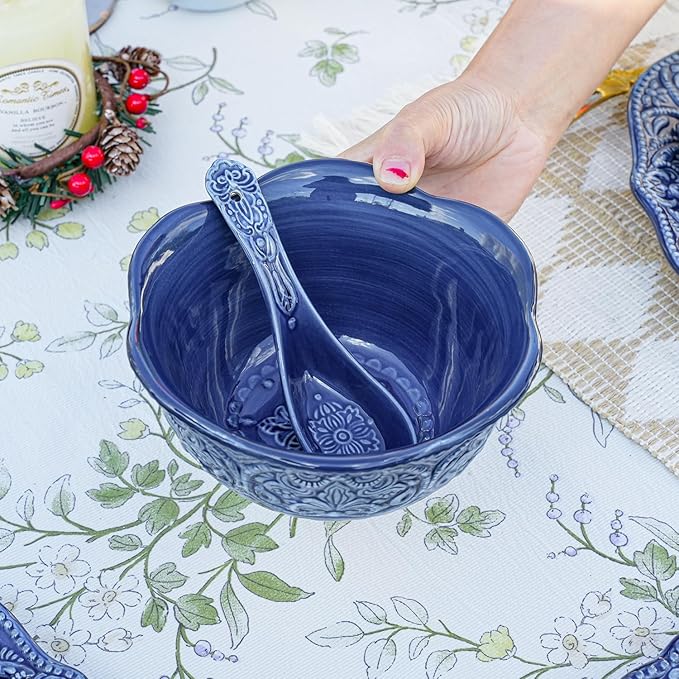 Sungmor Embossed Stoneware Fine Dining Dinnerware, Antique Baroque Style Porcelain 6 Inch (20 oz) Flower Shape Bowls Set of 4, Sophisticated Ceramic Bowls for Soup, Cereal, Oatmeal, Rice, Pasta, Salad