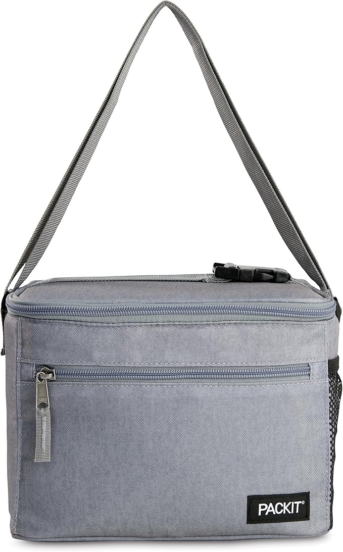 PackIt Freezable Essential Lunch Cooler, Gray Fog, Built with EcoFreeze Technology, Fully Freezable, Collapsible, Reusable, With Adjustable Crossbody Strap, Top Clip Handle, Designed for Fresh Office