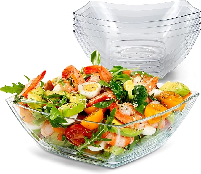 64oz Clear Plastic Serving Bowls (4 Pack) Large Disposable Candy Dishes, Square Plastic Buffet Containers for Chips, Snacks, Mints, Salad Bar, Snack Bowl Parties, Office, Bridal Shower, Party Supplies