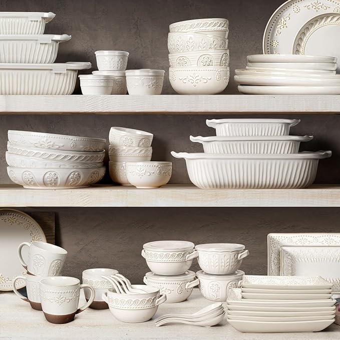 Artena French Onion Soup Bowls with Handles and lids & Spoons, 20 Oz Ceramic Soup Crocks Oven Safe Serving Bowls for Chili, Beef Stew, Cereal, Pot Pies, Embossment, Set of 4, White (Pinwheel Flower)