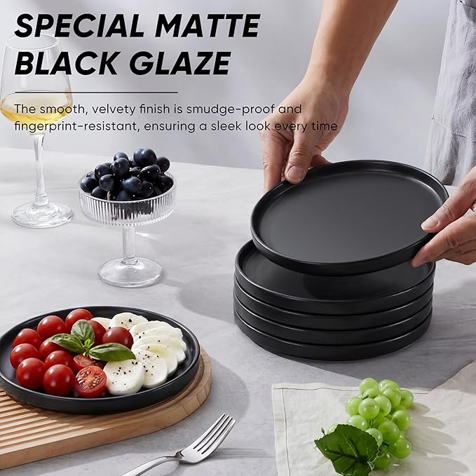 E-far 7.9 Inch Ceramic Dinner Plates, 6-Piece Stoneware Salad Plates with Raised Edges, Chip & Scratch Resistant | Microwave & Dishwasher Safe Dessert Dishes for Appetizer Salad, Matte Black