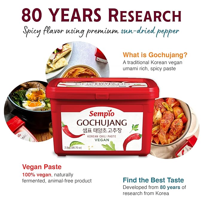Sempio Gochujang Vegan Korean Red Chili Pepper Paste - Mild Heat: Sweet Spicy Savory Paste, Traditional Fermented Condiment for Cooking, Marinades, Dips, Halal Certified (6.2lbs/2.8kg)