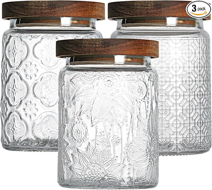 24 OZ Airtight Glass Storage Jar with Bamboo Lid - Vintage Glass Jar Vintage Food Containers Canisters Set for Kitchen Counter & Pantry - Ideal for Sugar, Flour, Coffee, Tea, Candy, Oats -3 Pack