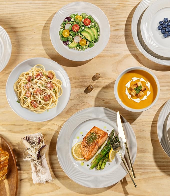TheTerra Stoneware Dinnerware Sets for 4, 12 Pieces Ceramic Plates and Bowls Sets, Scratch Resistant Embossed Dish Set, Oven, Microwave & Dishwasher Safe, Cream White