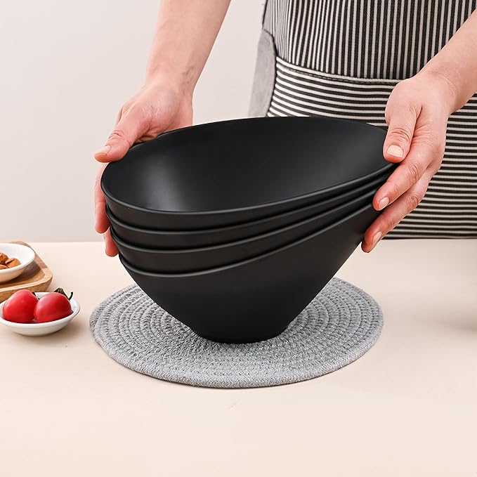LOVYANXUE Bamboo Fiber Salad Bowls, 4 Packs Compostable 33 Ounce Elegant Black Angled Bowls for Salad, Pasta, Soup, Prep, Ideal for Home and Restaurant