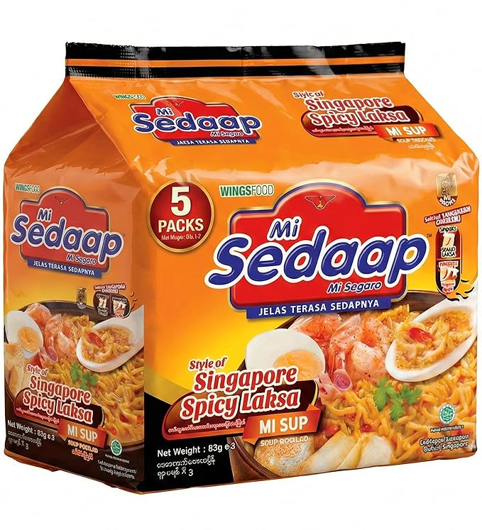 Singaporean Spicy Laksa Noodles (Pack of 5) — Creamy Coconut & Spicy Chili Instant Noodles — Mi Sedaap Halal Certified