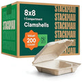 [Bulk - 200-Count] 100% Compostable to Go Containers 8x8" Clamshell Take Out Food Container with Hinged Lid - Disposable Togo Plates - Biodegradable Eco-Friendly Takeout Box Made of Sugar Cane Bagasse