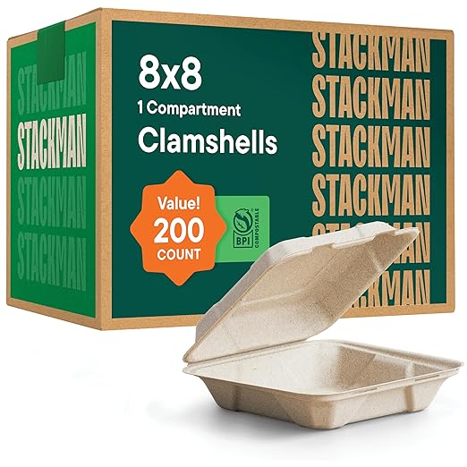 [Bulk - 200-Count] 100% Compostable to Go Containers 8x8" Clamshell Take Out Food Container with Hinged Lid - Disposable Togo Plates - Biodegradable Eco-Friendly Takeout Box Made of Sugar Cane Bagasse
