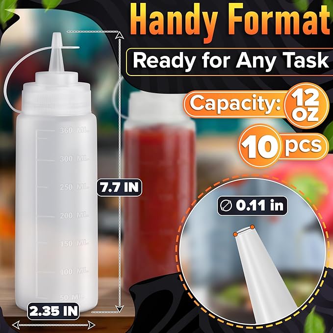 10-Pack Plastic Condiment Squeeze Bottles 12 oz – Refillable Squirt Bottles with Narrow Tip, Leak-Resistant | Great for Oil, Sauces, Ketchup, Mayonnaise, Syrup, Dressing, Summer BBQ and Catering Use