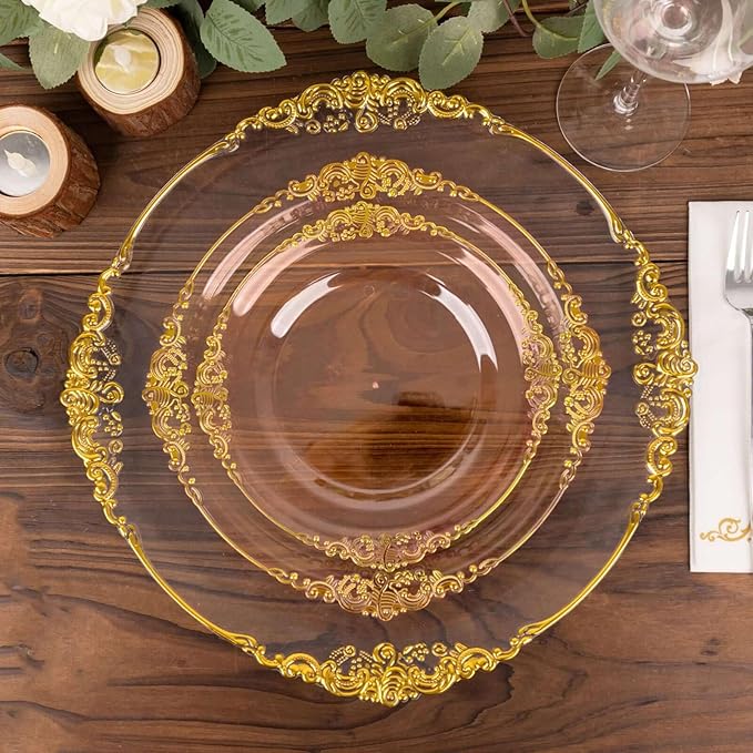 Efavormart 10 Pack | 8" Translucent Blush and Gold Baroque Dessert Plates, Leaf Embossed Metallic Rim Shatterproof Appetizer Plates for Spring Showers