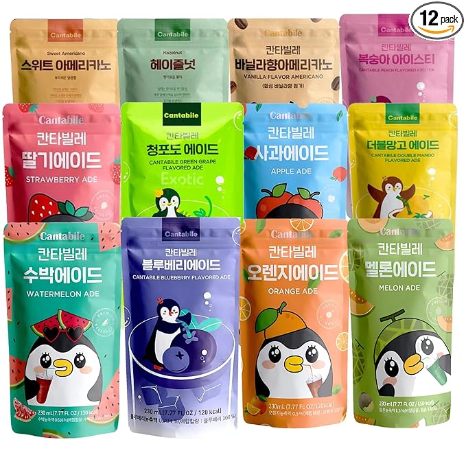 Cantabile Korean Drink Pouch Combo Set of 12 Convenience Store Beverage 230ml(7.77 oz) Each