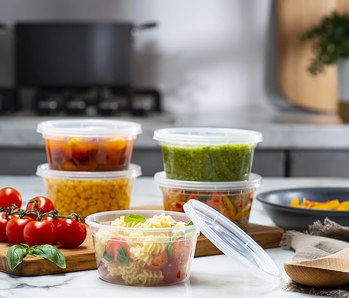 ELEGANT DISPOSABLES 12 OZ - 24 Sets Plastic Deli Food Storage Containers with Airtight Flexible Lids Microwavable, Leak Free, Washable, Freezer Safe.