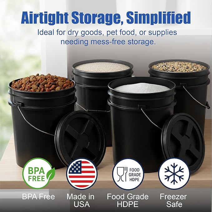 ePackageSupply 5 Gallon Bucket - Food Grade Bucket with Airtight Gamma Seal Screw-On Lid, BPA-Free, Heavy-Duty 90 Mil HDPE Plastic, Bulk Storage, Durable Container, Made in USA, Black/Black, 1 Pack