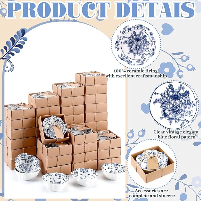 SiliFine 96 Pcs Wedding Favors for Guests Small Ceramic Bowl Bulk Gifts Set 3.3 Inch Floral Design Mini Dipping Sauce Dish with Card Box for Bridal Pooja Baby Shower Birthday (Flower,Blue)