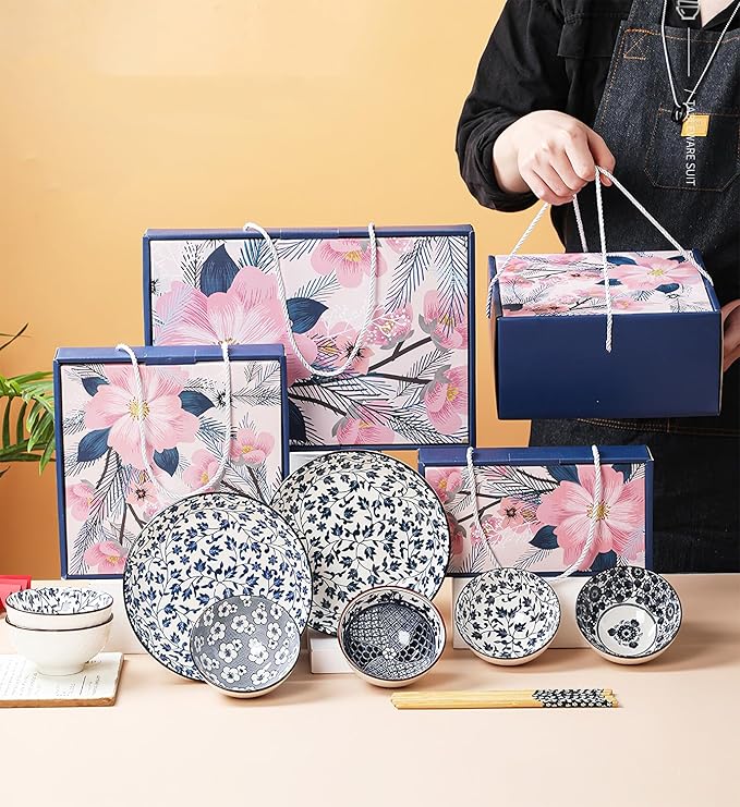 Rice Bowls 10oz, Japanese Style Bowls Set of 6 with Gift Box - Blue and White Ceramic Bowls for Soup, Dessert, Ice Cream, Snack - Kitchen Gifts for Women (Blue and White)