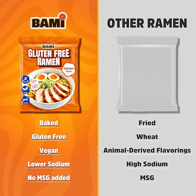 BAMI Gluten Free Ramen Noodles (Chicken Flavor) Vegan ramen noodles, Low sodium ramens noodle 6 packs, GF Ramen