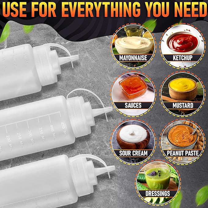 10-Pack Plastic Condiment Squeeze Bottles 16 oz – Refillable Squirt Bottles with Narrow Tip, Leak-Resistant | Great for Oil, Sauces, Ketchup, Mayonnaise, Syrup, Dressing, Holiday BBQ, & Home Dining